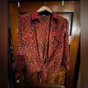 Poof Red Leopard Print Button-Up Blouse
